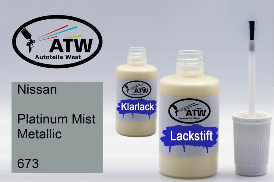 Nissan, Platinum Mist Metallic, 673: 20ml Lackstift + 20ml Klarlack - Set, von ATW Autoteile West.